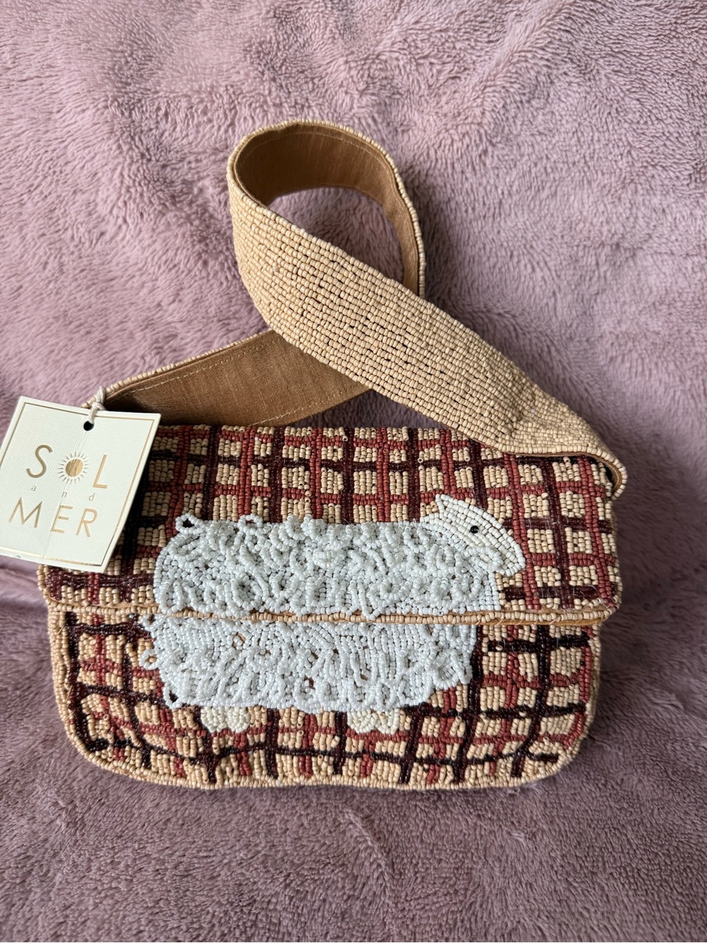 🐑 VIRAL SOL and MER Beige & Burgundy Beaded Sheep Crossbody Bag